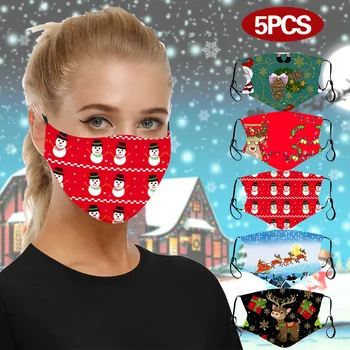 

5pcs Christmas M-ask For Adult Comfortable Cotton Face-m-ask Washable Christmas Pattern Design Decoration For 2020 New Year