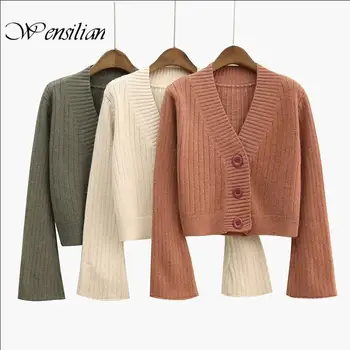 

Long Flare Sleeve Cardigan Women Sweater Coat Ribbed Knitted Sweater Women Cotton Tops Soft Ladies Cardigan Outwear Sueter Mujer