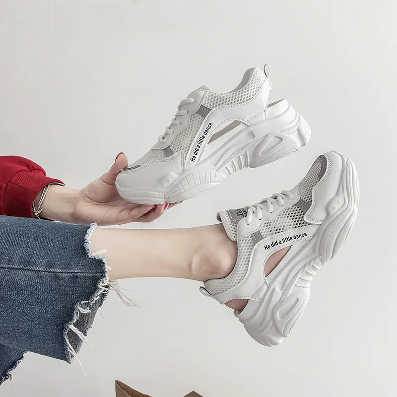 

017-Online Celebrity Athletic Shoes Women's 2019 Summer Thick Bottomed Hollow out Cool Shoes Versitile Fashion Punched Sheet Sur