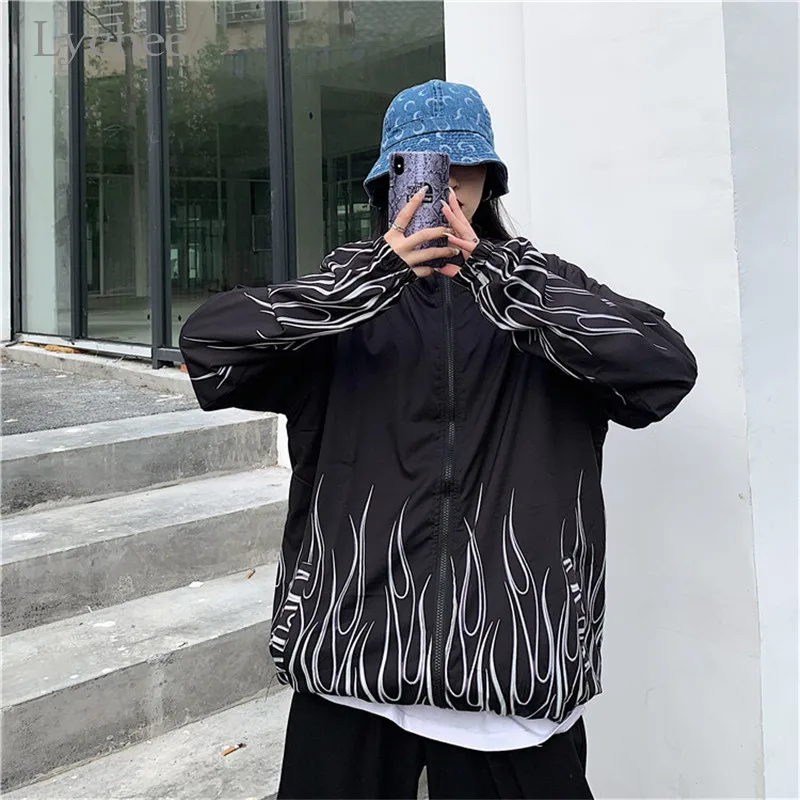 

Lychee Harajuku Flame Color Block Hooded Women Top Jacket Spring Autumn Loose Lady Tops Jackets Zip Up Hoodie Female Jackets