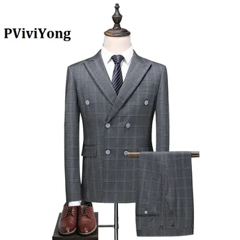 

PViviYong brand 2019 high quality suit men double-breasted grey grid Business Suit Three-piece (Jackets + Vest + Pants) 6028