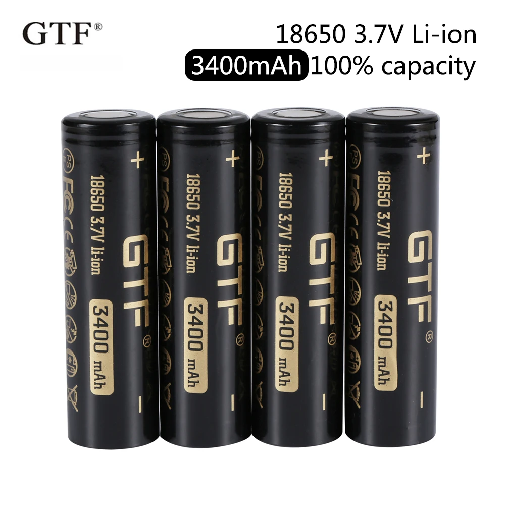 

2020 New GTF 18650 3400mAh 100% capacity 3.7V Li-Ion Rechargeable Battery for Flashlight flat head batteries