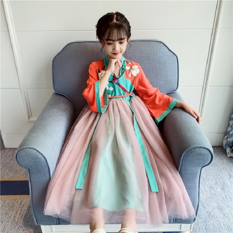 Китайская традиционная детская одежда с вышивкой Hanfu весеннее платье для девочек