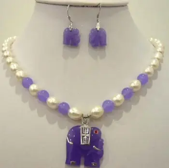 

Hot sell White pearl purple jade elephant pendant necklace earring set