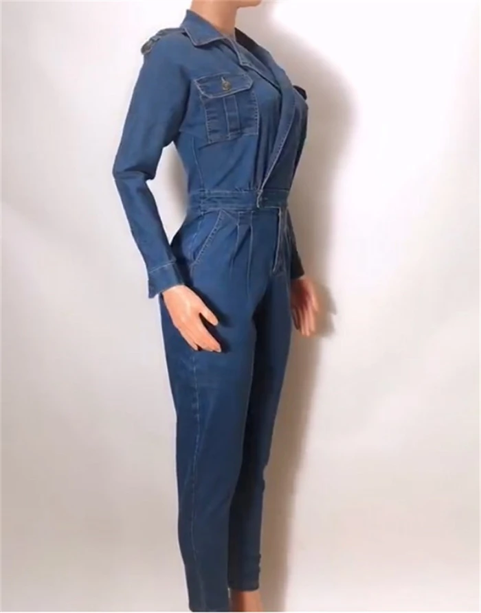 New Women Jumpsuit Long Sleeve Turn-down Collar Denim Solid Color With Pockets Rompers Jumpsuits Casual Streetwear