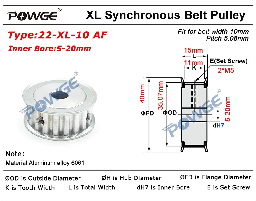POWGE 22 зубов зубчатый шкив паз диаметр 8/10/12/14/15/16 мм для ширина 10 мм XL синхронный ремень 22-XL-10 AF Шестерни 22 зубов 22 T