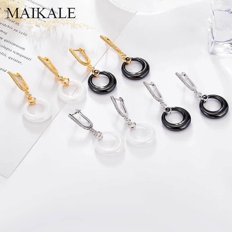 MAIKALE, роскошные черно-белые керамические серьги, AAA, циркония, золото, серебро, покрытие, большой круглый круг, висячие серьги для женщин, подарки