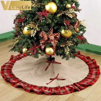 

1pc New Year's Plaid Christmas Tree Black Plaid Christmas Tree Skirt 48" Burlap Xmas Ruffle Edge Decorations For Home New Year