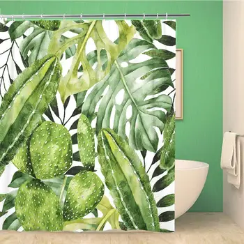 

Bathroom Shower Curtain Painting Watercolor Seamless Pattern with Tropical Plants and Succulents Wallpaper Polyester Fabric