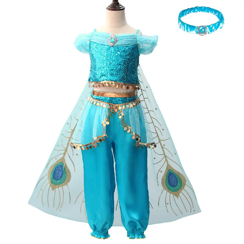 Dress and Headband Костюм и повязка на голову с изображением жасмина для девочек; детское платье на Рождество, карнавал, День рождения; детская одежда для костюмированной вечеринки; аксессуары - Цвет: Dress and Headband