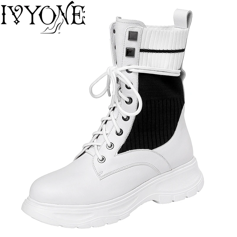 

Ladies Boots Cow Leather& Knitted Mixed Colors After October Inner Material Round Toe Platform Shoes Women Casual Shoes Outdoor
