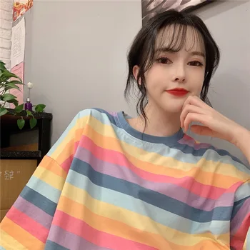 

Short-sleeved Tee Shirt Femme 2020 New Summer Korean Style Loose Candy Rainbow Striped All-match T-shirt Women Free Shipping