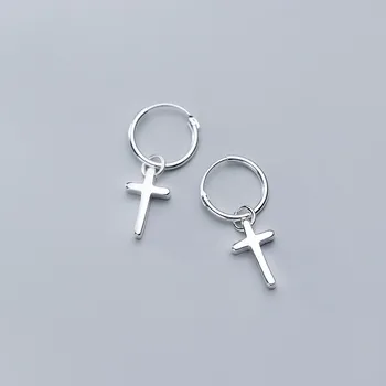 

925 Sterling Silver Small Cross Shape Pendant Hoops Piercing Earrings Crucifix Christian Ear Rings Earings Jewelry for Women