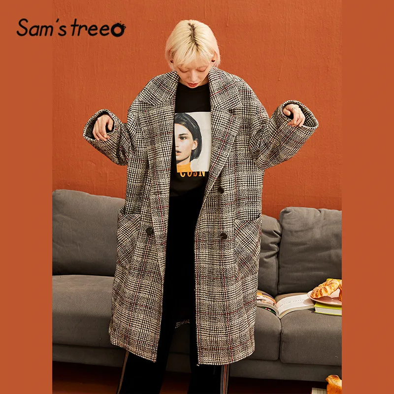 SAM'S TREE клетчатое двубортное Женское шерстяное пальто с графикой Brit зимнее прямое повседневное женское пальто с длинным рукавом