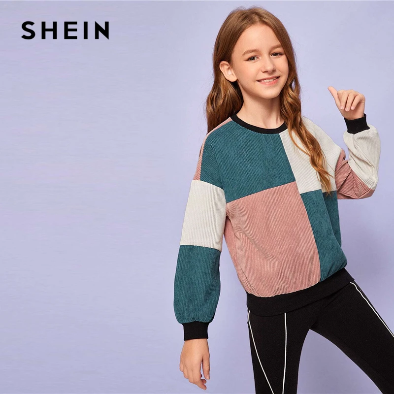 SHEIN/Детская Вельветовая Повседневная Толстовка с открытыми плечами и цветными блоками; Детские топы; коллекция года; сезон осень; разноцветные зимние пуловеры с рукавами «Бишоп»