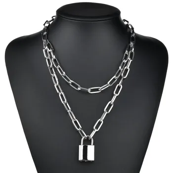 

Padlock Key Cross Double layer Lock Chain necklace on neck Metal Punk Link Chain Pendant Necklace Women Fashion Gothic Jewelry