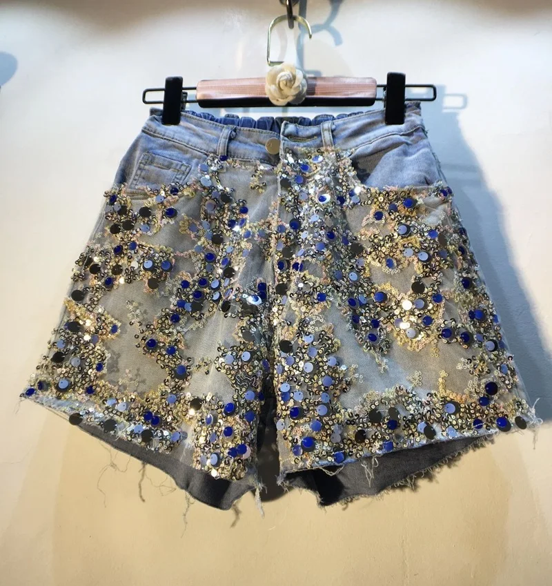 

European Style Jeans Shorts Woman 2020 Summer New Splicing Sequins Mesh High Waist Slimming Wide-Leg Denim Shorts Hot Pants