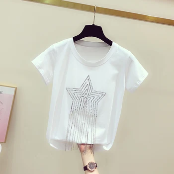 

T Shirt Women Spring Summer New Fashion Five-pointed Star Sequin Tassels Short-sleeved Round Collar T-shirt Women's Casual Tee