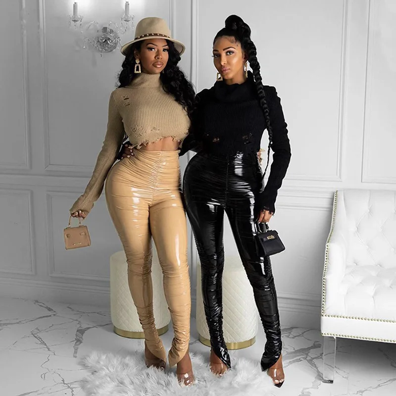 Уличная одежда светоотражающие кожаные брюки цвета хаки с высокой талией