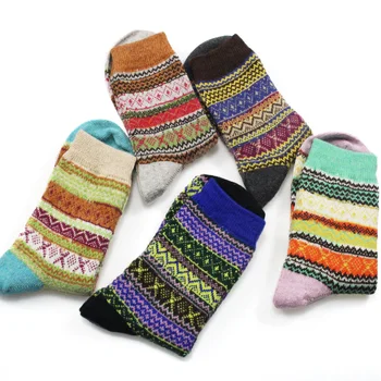 

5pairs Autumn Elastic Breathable Ladies Gift Winter Warm Women Socks Artificial Wool In Tube Christmas Vintage Thickened Knitted