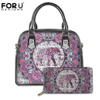 

FORUDESIGNS Bohemian Elephant Mandala Fashion Women Handbags 2pcs/Set Casual Pu Leather Ladies Casual Tote Shoulder Bags Woman