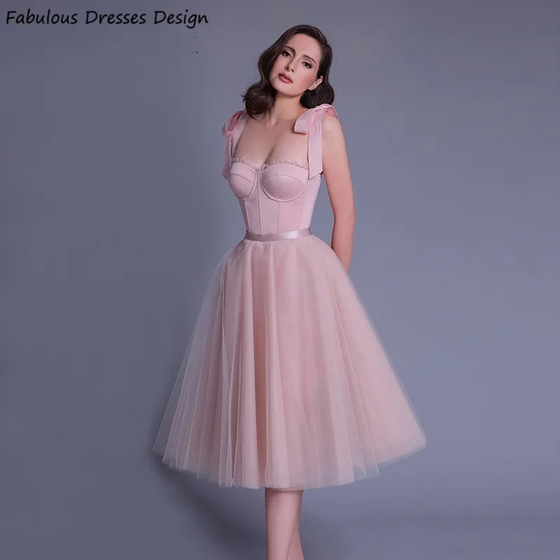 

Lovely Pink A Line Knee Length Bridesmaid Dresses Satin Top And Tulle Skirt Bowknot Strap Wedding Party Dress Women Prom Gown