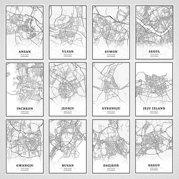 

South Korea Seoul Jeju Island Busan Daegu Jeonju City Maps Canvas Paintings Vintage Kraft Posters Coated Art Prints Home Decor