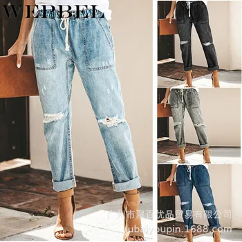 

WEPBEL Women Distressed Drawstring Elastic Waist Knee Ripped Long Jeans Summer Holes Loose Trouser Pockets