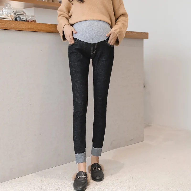 

Pregnant Women plus Velvet Jeans 2019 New Style Winter Outer Wear Abdominal Support Skinny Elasticity Thick Fashion Cowboy Trous