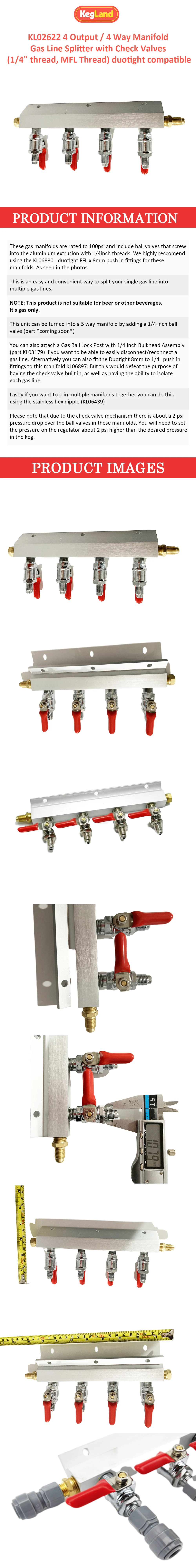 KegLand Gasleitungs-Splitter mit 4 Ausgängen / 4-Wege-Verteiler und Rückschlagventilen (1/4 Zoll MFL-Gewinde), zweifach kompatibel – Detail 1