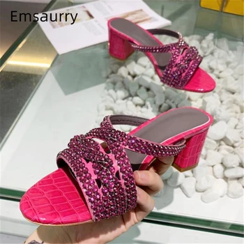 

Jeweled Crystal Narrow Band Outwear Mules Genuine Leather Stone Grain Med Hoof Heel Open Toe Rhinestone Slippers Women