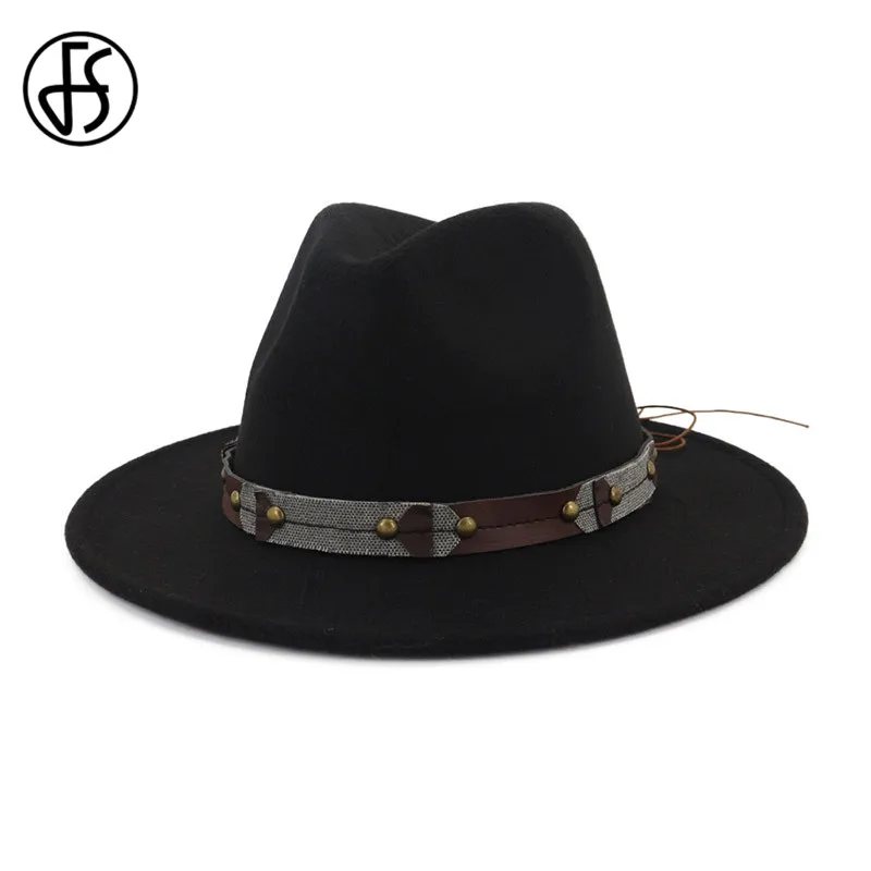 

FS Black Pink Fedora Hat For Women Flat Brim Black Trilby Felt Jazz Hats For Men Autumn Winter Panama Cap Sombrero Mujer 2019
