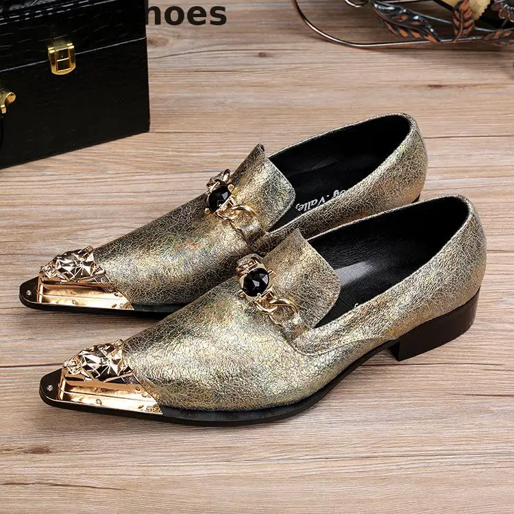 

Fashion Men Loafers Genuine Leather Crystal Mounted Metal Capped Toe Men Casual Leather Shoes Slip-on Low Heel Rubber Sole