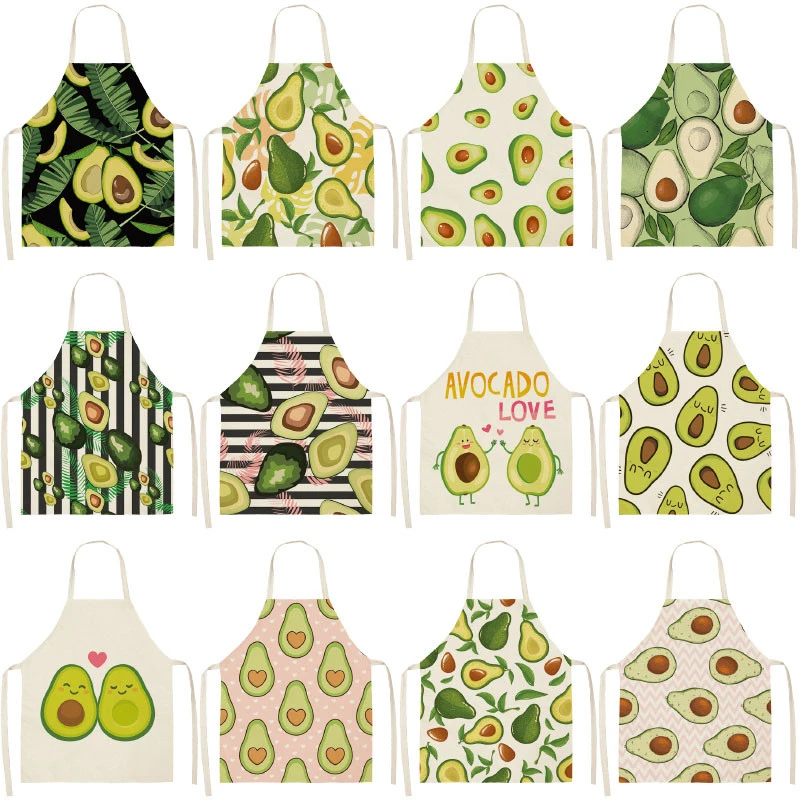 1PCS Cotton Linen Apron Avocado Printed Kitchen Women Baking Waist Bib Home Cooking Brief Sleeveless Pinafore WQCN34