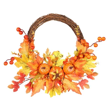 

Artificial Pumpkin Maple Leaves Berries Fall Christmas Thanksgiving Harvest Wreath for Home Indoor Outdoor Decoration