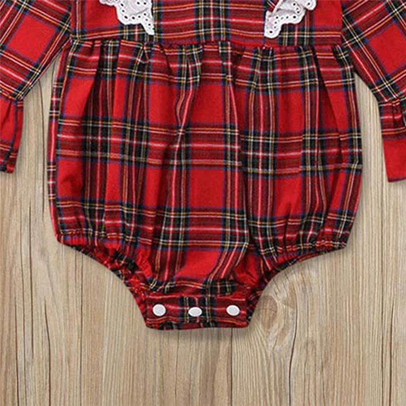 Sweet Baby Girls Bodysuit Newborns Red Plaid Flare Long Sleeve Lace Edge Ruched Ruffles Jumpsuit Infant Winter Clothes 3-24M A20
