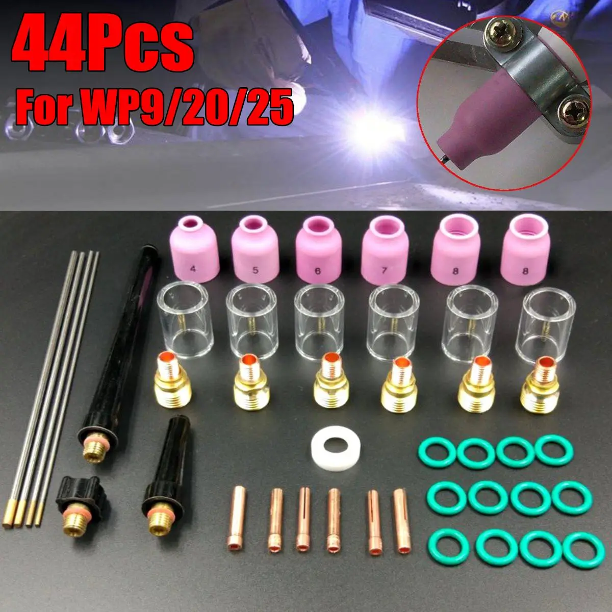 

44 Pcs TIG Welding Guns Accessories 44 Pcs For Tig WP-9/20/25 Series WL20 Tungsten Gas Lens Alumina Nozzle Cups N10 Pyrex Cup Ki