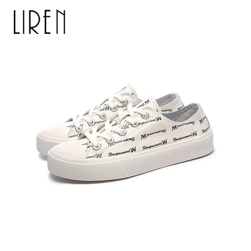 

Liren 2019 Genuine Leather Casual Women Sneakers Sweet Spring/Autumn Round Toe Lace-up Flat Heels Comfortable Breathable Shoes