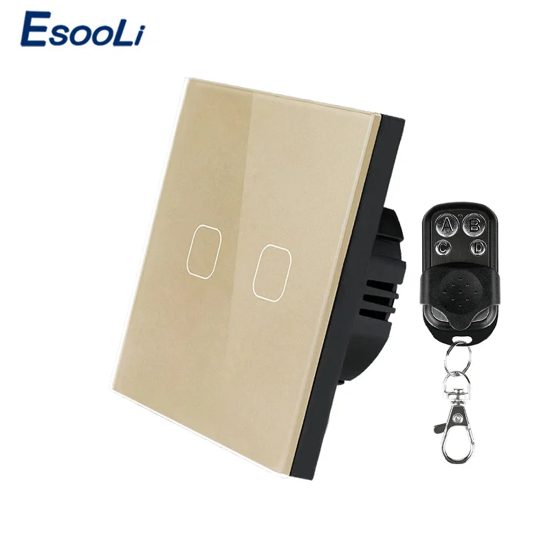 Gold 2 with remote Esooli ЕС/Британский стандарт дистанционного управления Переключатель 1 банда 1 способ RF433 умный настенный переключатель беспроводной пульт дистанционного управления Сенсорный выключатель света - Цвет: Gold 2 with remote