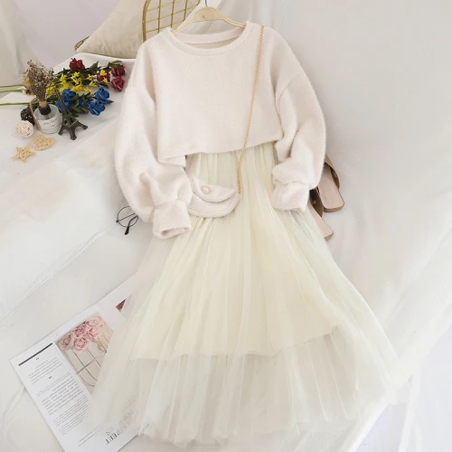Gaganight сладкий для женщин комплект из двух предметов сетки длинное плиссированное платье сплошной короткий пуловер элегантный женский комплект 2 шт - Цвет: White