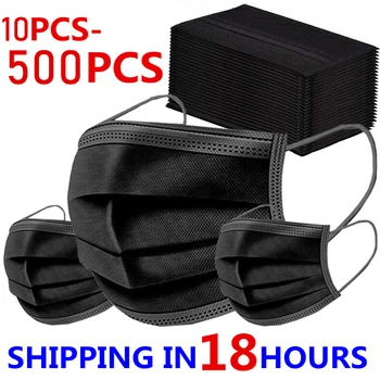 

10-500 Pcs Black Face Mask Non Wove 3 Layer Ply Filter Safe Breathable Mouth Facemask Anti-Dust Fog Earloop Mascarilla Adult