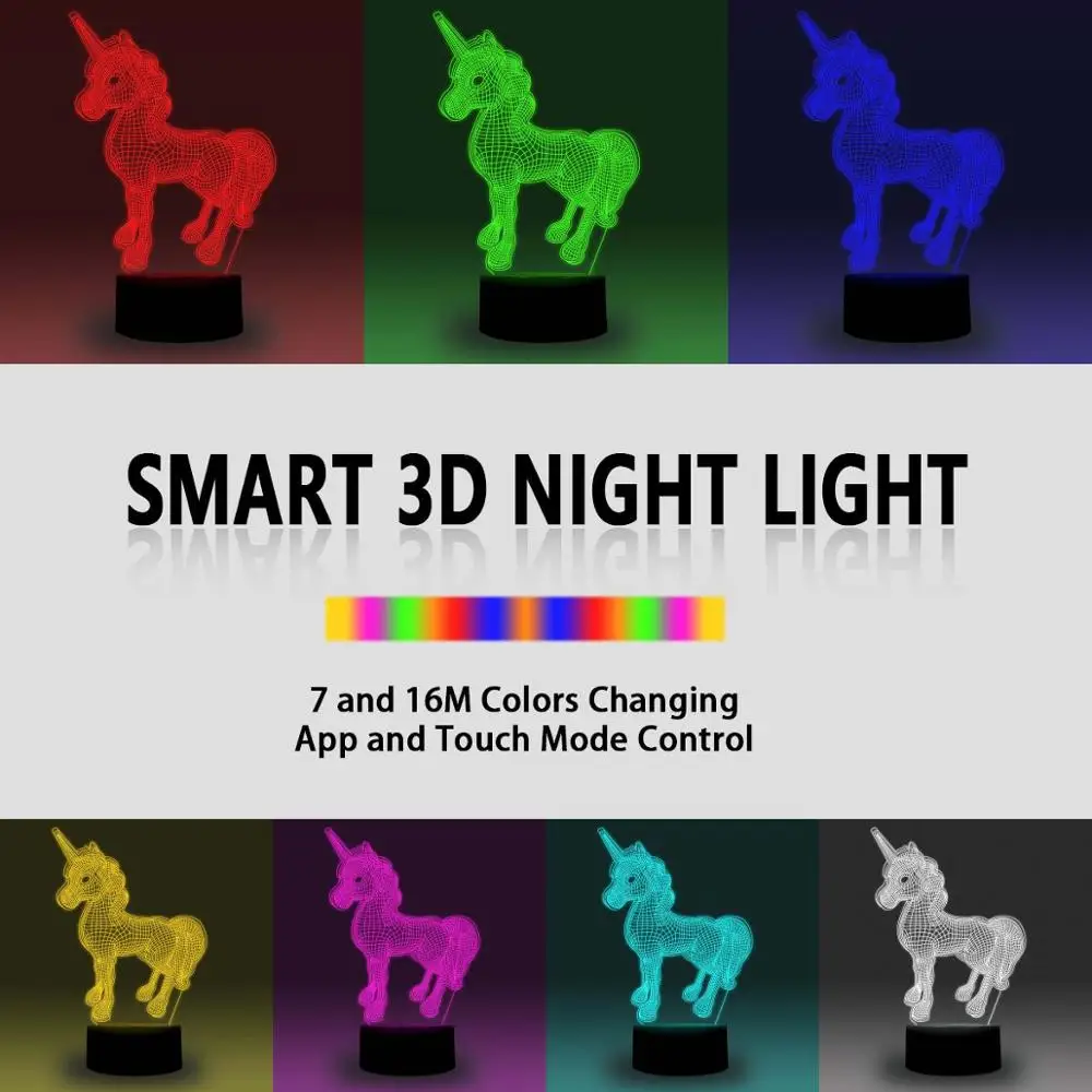 NiteApps 3D единорог светодиодный ночник настольная лампа Иллюзия подарок на день рождения приложение/сенсорное управление