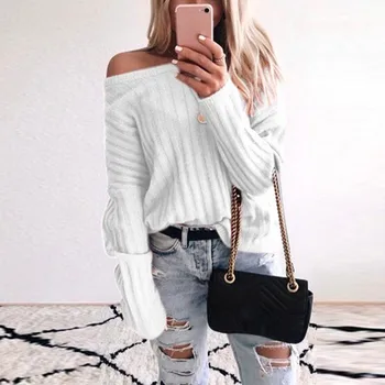 

New Women Knitted Sweater Autumn Solid Off shoulder Sweaters Pullover Casual Female Jumper Pull Femme jersey mujer Plus Size 3XL