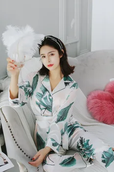 

Women Pyjama Spring Summer New Longsleeved Turn-collar Pajamas Home Suit Imitation Ice Silk Printing Nightwear Home Lounge Wear