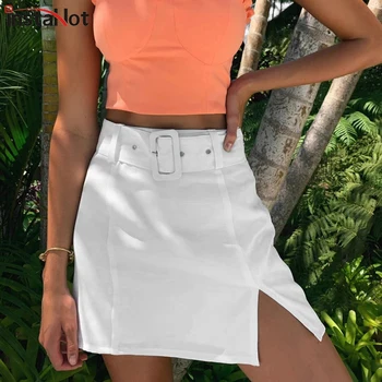 

InstaHot Solid Side Slit Bodycon Mini Skirt Women Belt 2019 Summer Streetwear Casual A line Basic Ladies Sheath Skirts 2020