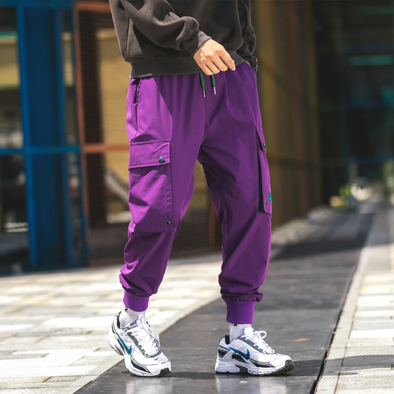 purple - A903 BINHIIRO, весенние новые мужские брюки карго, хлопок, полиэстер, в стиле хип-хоп, средняя длина, с карманами, мужские брюки, черный, серый, хаки - Цвет: purple - A903