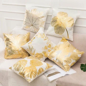Gold Leaves Printed Pillow Cover