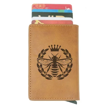 

2019 New Fashion Bee king Design RFID Credit Card Holder Anti-Theft Automatic Wallet Card Case Men Mini Leather Male Purse