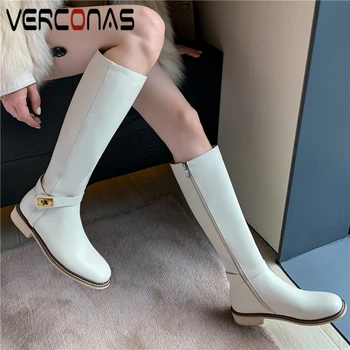 

VERCONAS Basic Autumn Winter Knee-High Boots For Women Low Heels Shoes Woman Genuine Leather Metal Decoration Zipper Long Boots