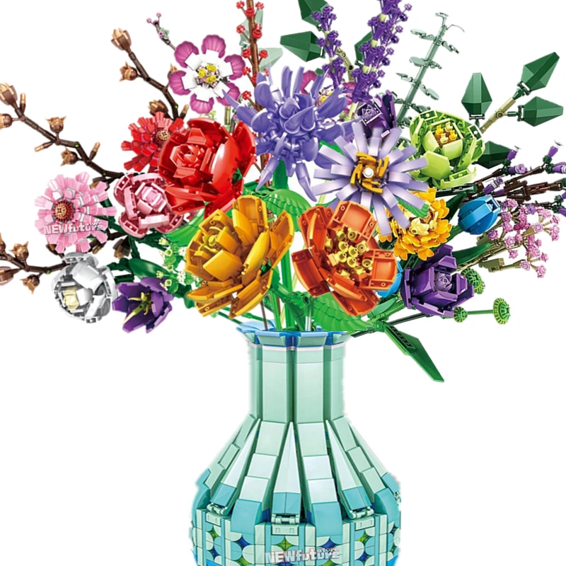 Romantic Rose Flower Vase Garden House Plant Assembly Building Blocks Classic Model Bricks Sets Kids Kit